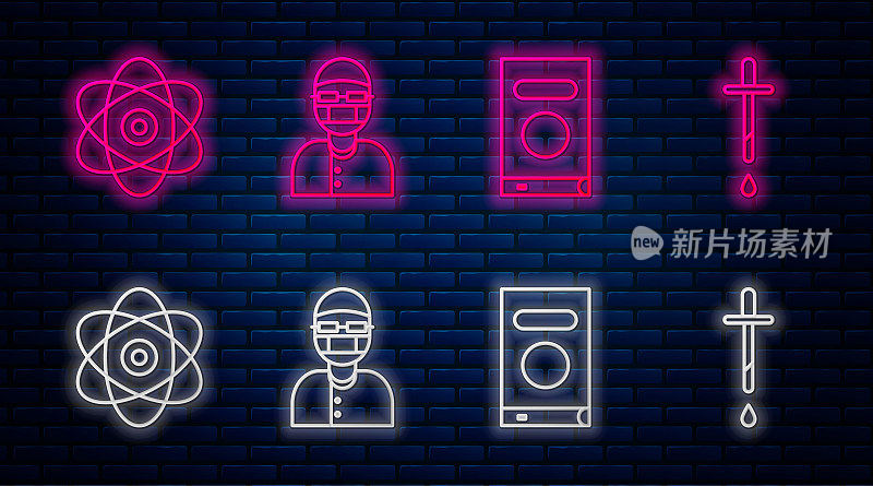 Set line Assistant, Book, Atom and Pipette. Glowing neon icon on brick wall. Vector